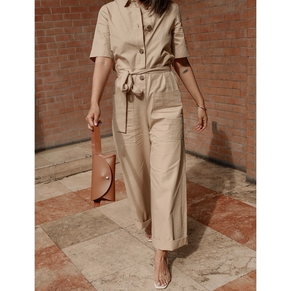 Cos Belted Button Up Camel Utility Jumpsuit Size 2 - image 3